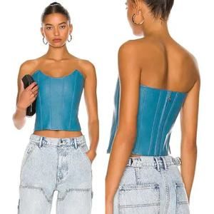 Miaou Leia Strapless Paneled Buffed Faux-Leather Corset Top Teal Women's Size XS